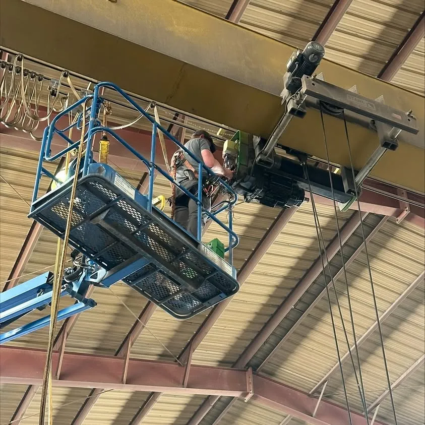 Troubleshooting an overhead crane from a lift at a Fort Worth steel facility